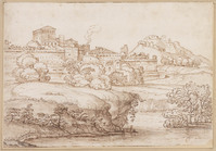 K VI 005
<br/>
Rvierlandschap met zicht op versterkte stad met soldaten op de stadsmuren
<br/>
<em>Grimaldi, Giovanni Francesco (1606-1680) - toegeschreven aan</em>